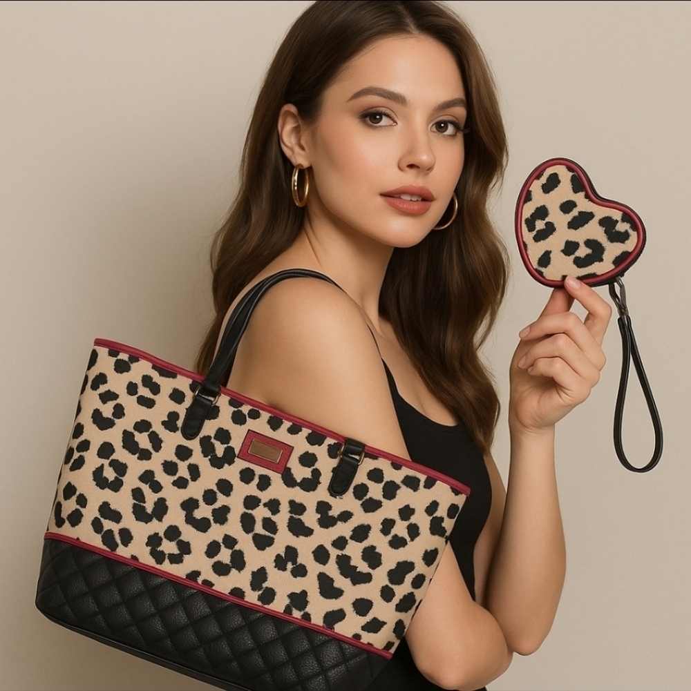 Betsey Johnson Y2K Leopard Tote & Heart Wristlet Glam Animal Print Shoulder Bag - Picture 14 of 14